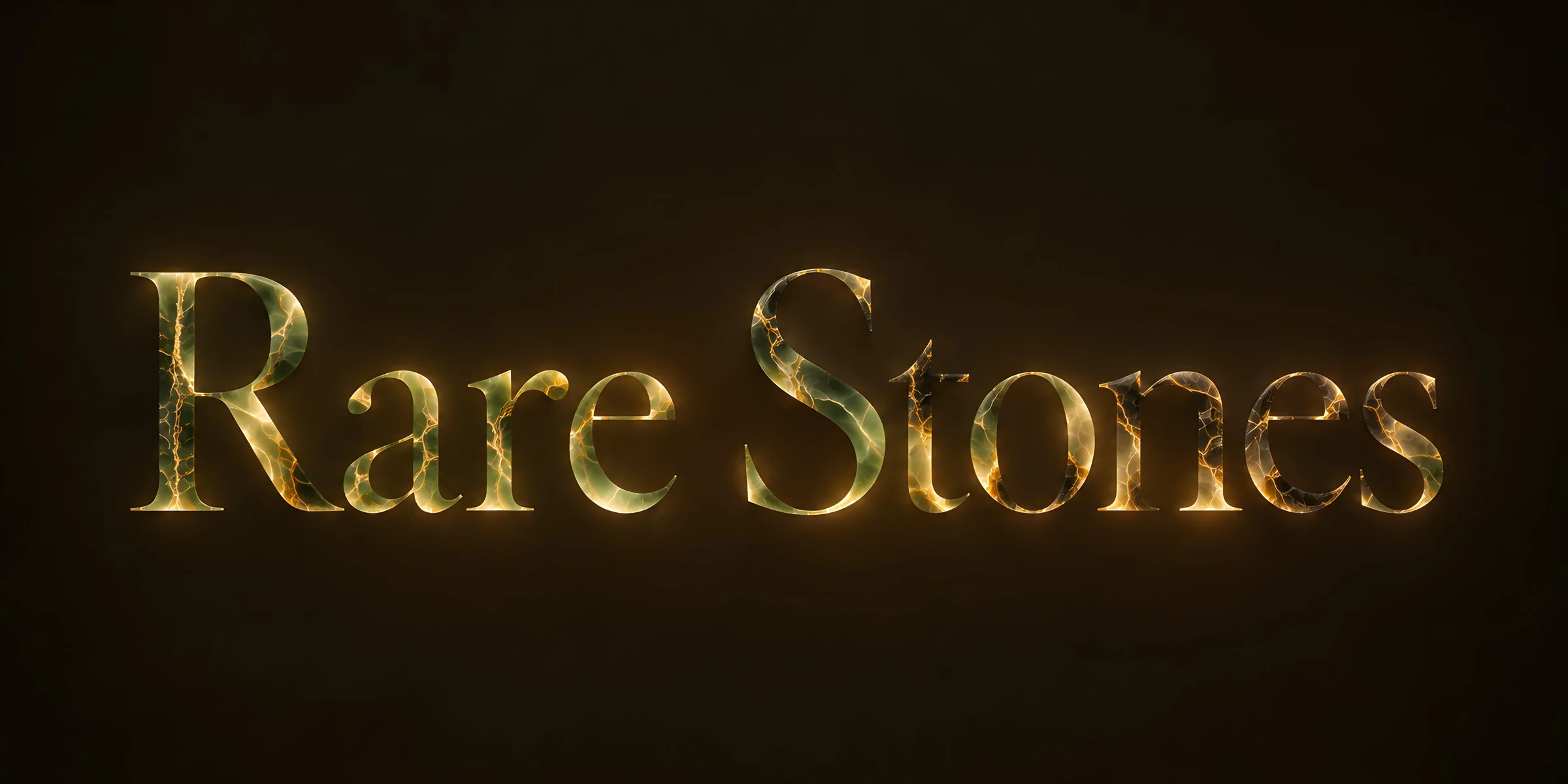 “Rare Stones” in glowing green and black onyx lettering