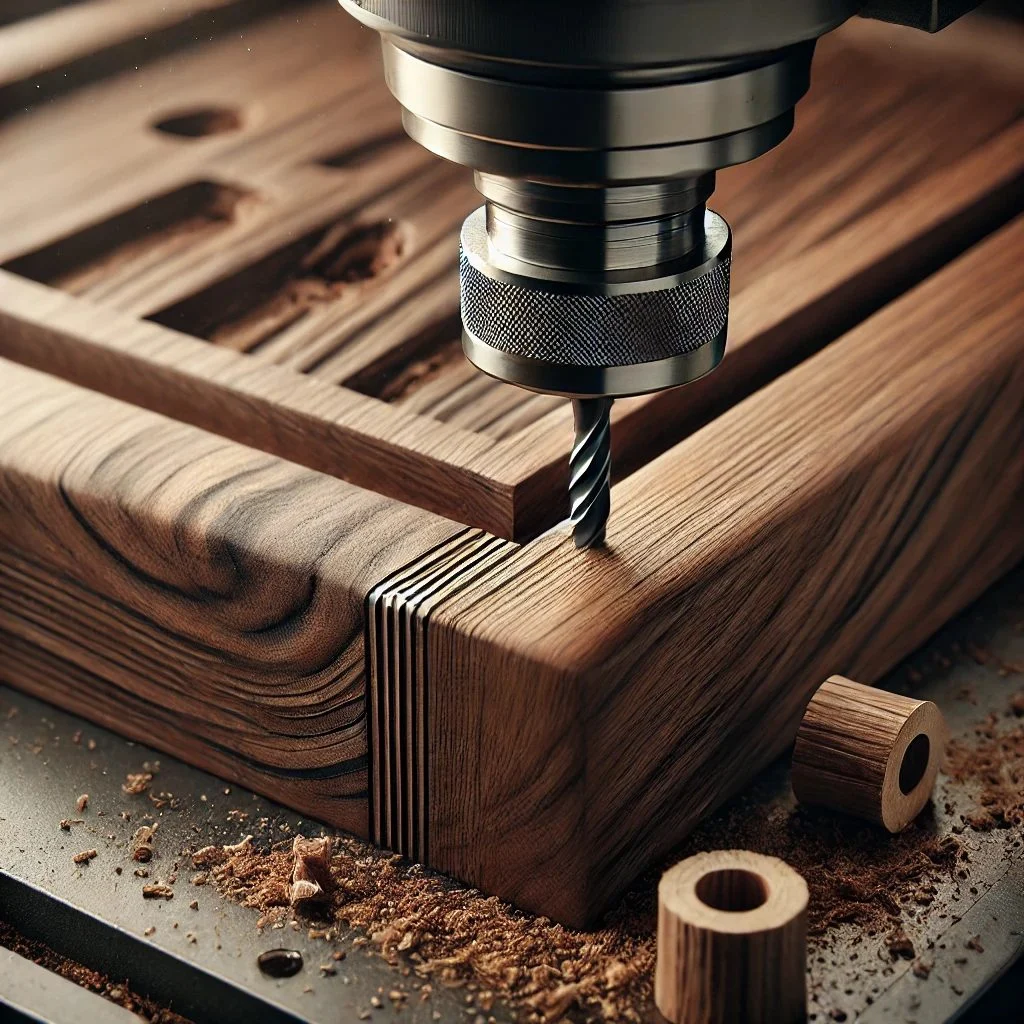 A CNC drill bit cutting a slot in solid wood