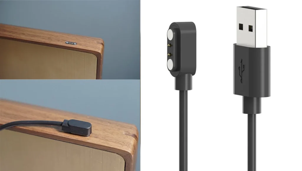 The magnetic charging port on the side of the lamp and its USB cable