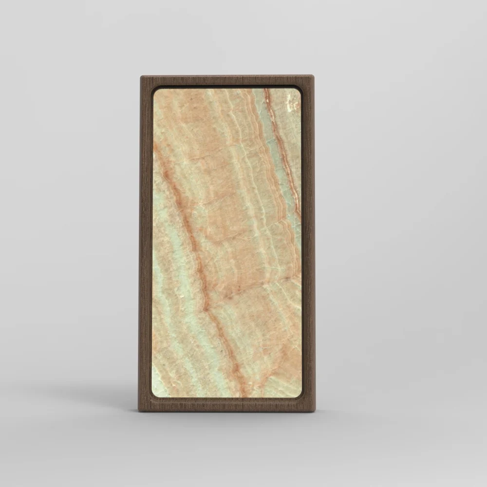 Dawn Amber Onyx stone light in a walnut frame