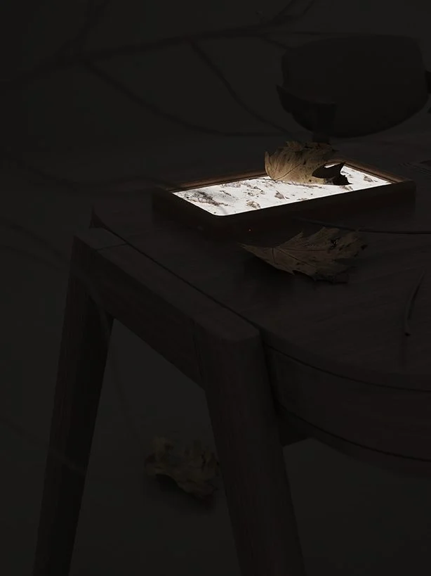 The same stone tray in a darkened room, glowing softly